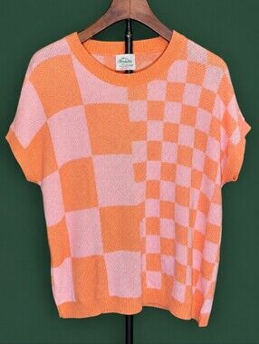 NewMe Checkerboard Knit Shirt Pink Orange Short Sleeve Top Size M